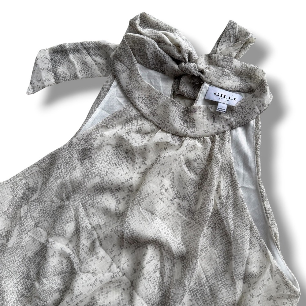 Gilli Women's L Gray White Snakeskin Halter Neck Peplum Tie Back Tank Top Preppy